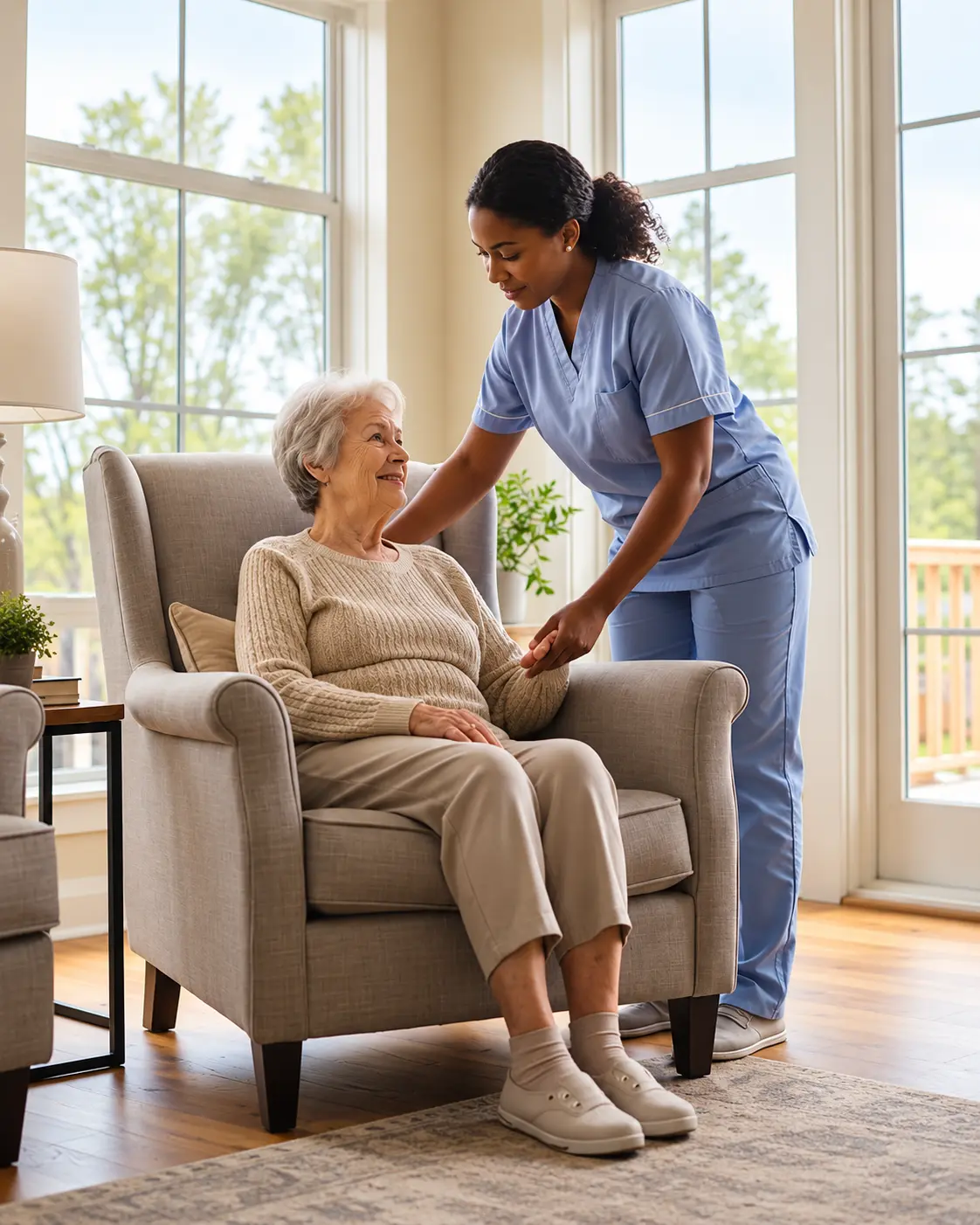 Professional caregiver providing personalized care to an elderly woman at home