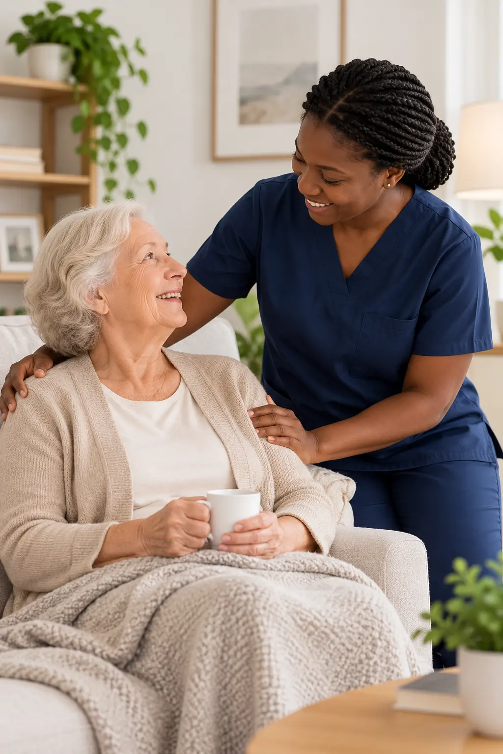 Caregiver spending time with an older adult at home